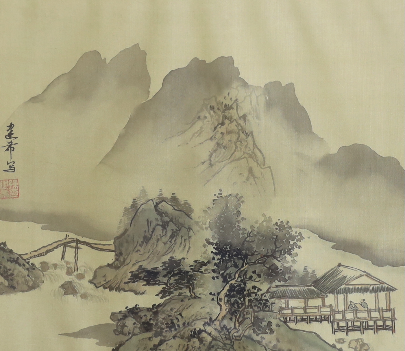Three Chinese watercolours on silk, Mountainous landscapes with pagodas, largest 30 x 37cm